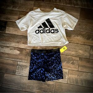 Adidas Black Logo Gray cropped t shirt & All in Motion Blue leopard Shorts M